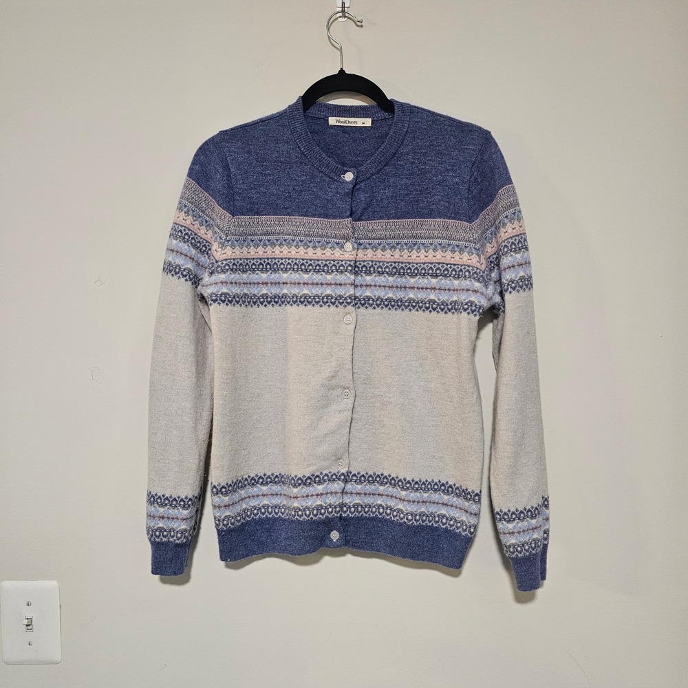 WoolOvers Women Cardigan M Blue Fair Isle‎ 100% Merino Wool Button Front Sweater